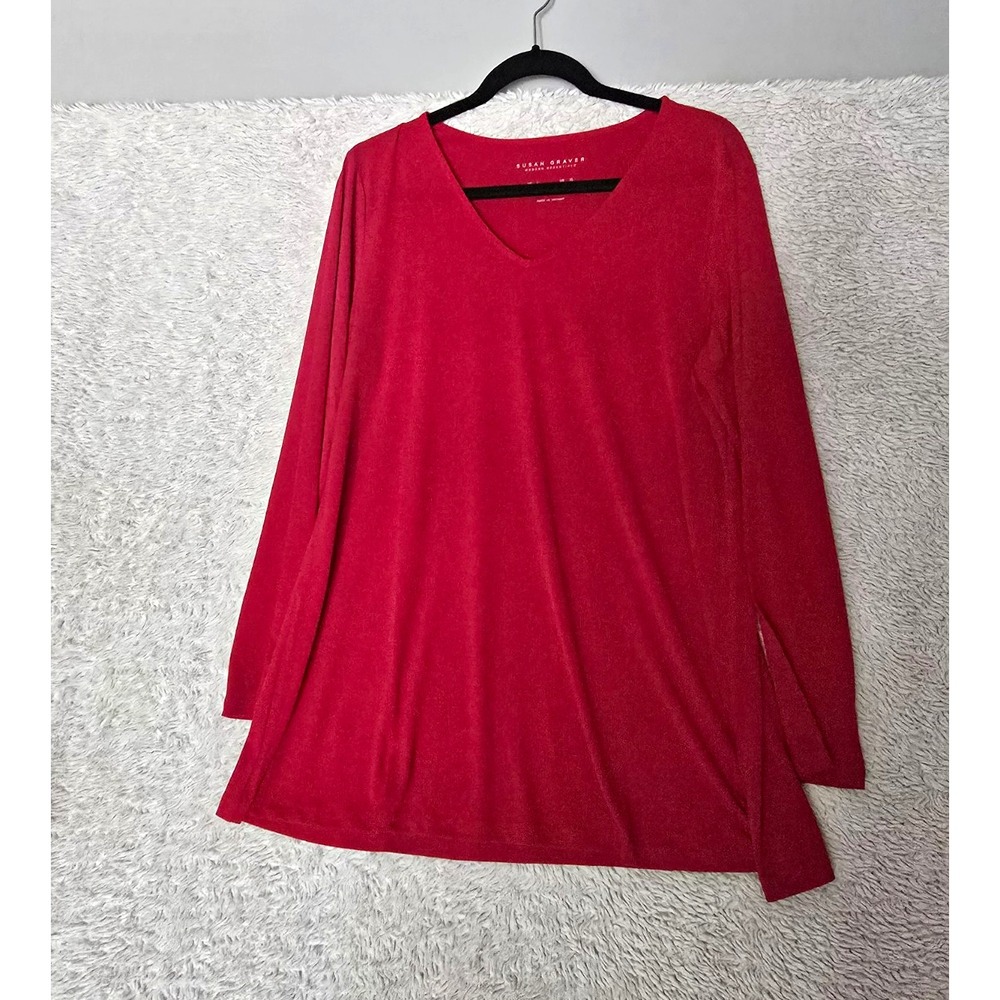 Susan Graver Modern Essentials Red V-Neck Long Sleeve Stretch Knit Tunic L